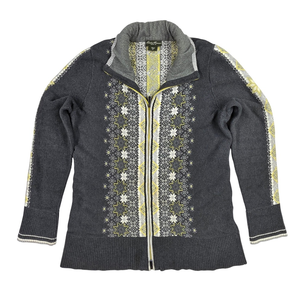 Eddie Bauer Womens PM Petite Gray Fair Isle Nordic Full Zip Cotton Cardigan